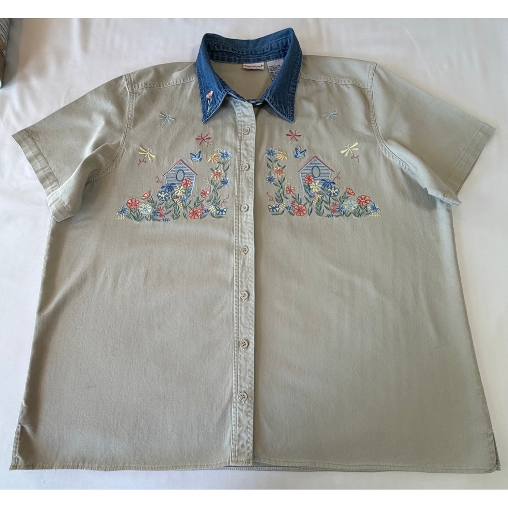 VTG Bobbie Brooks Embroidered Birdhouse Floral Khaki Shirt Denim Collar 18W/20W